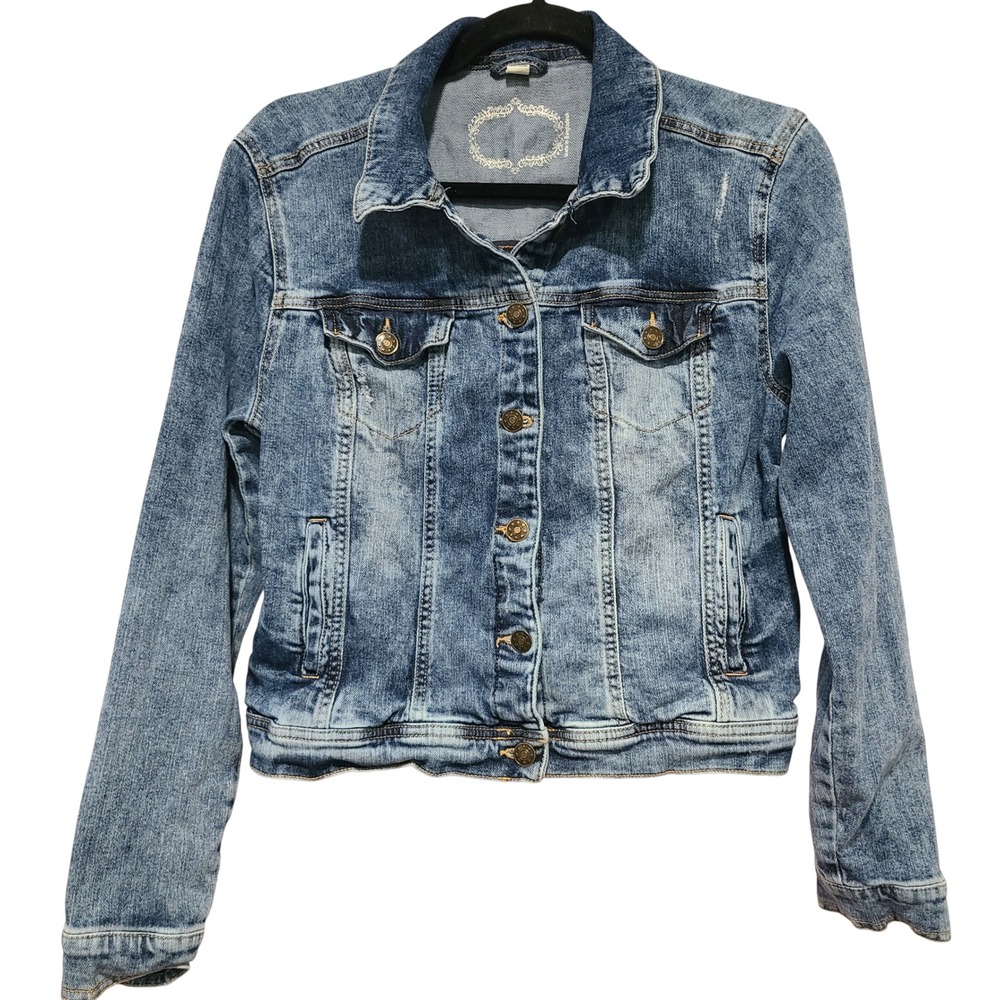 Medium Wash Distressed Denim Trucker Jean Jacket Blue Junior Size L RN111386